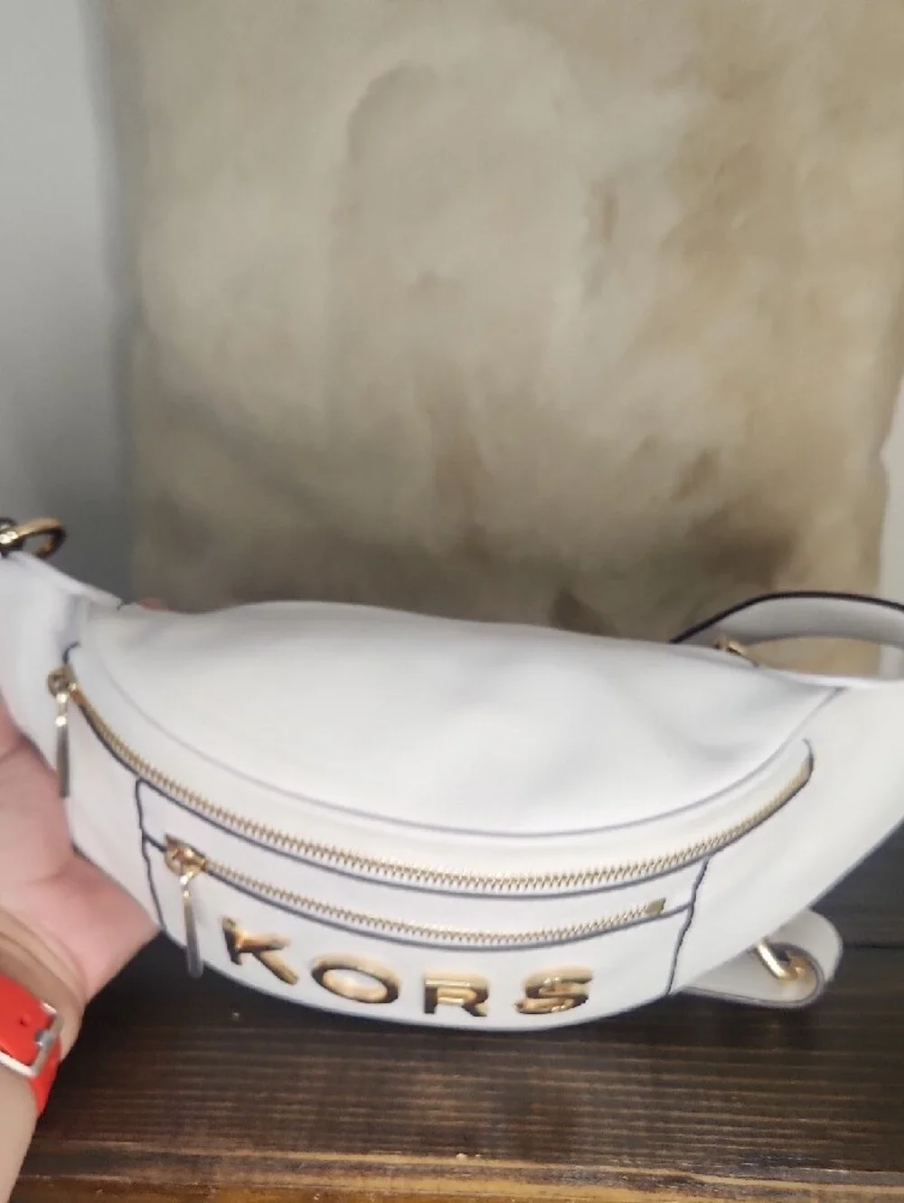 Michael Kors White Leather KORS Crossbody Belt Bag with Gold Hardware